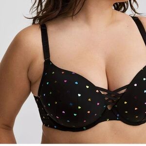 Torrid  XO Plunge Push-Up Bra Plus Size Black W/ Colorful Hearts 42DD